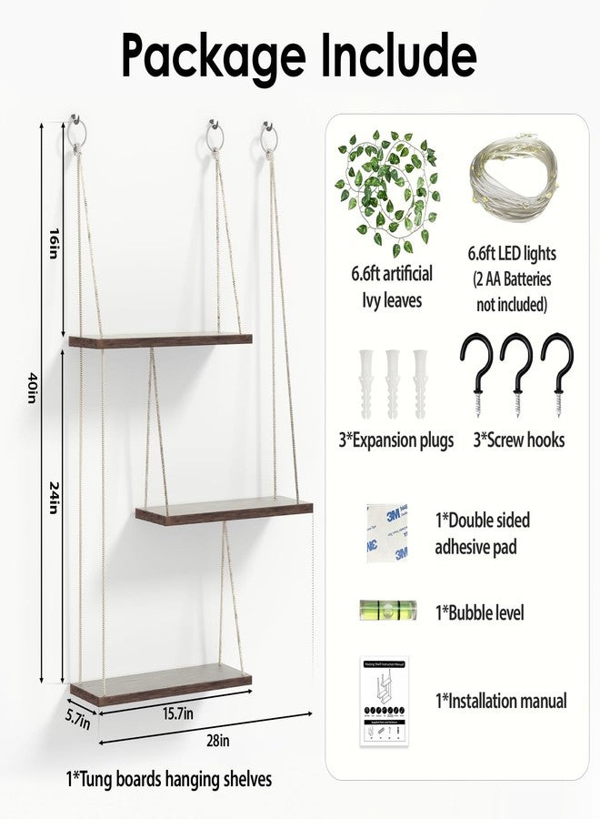 MASHDE Hanging Shelves for Wall, 3 Tier Boho Wall Decor Hanging Shelf with Vine Lights, Rope Rustic Wood Floating Shelves Floral Plant Decor for Bedroom Living Room Dorm Office Women - Image 3